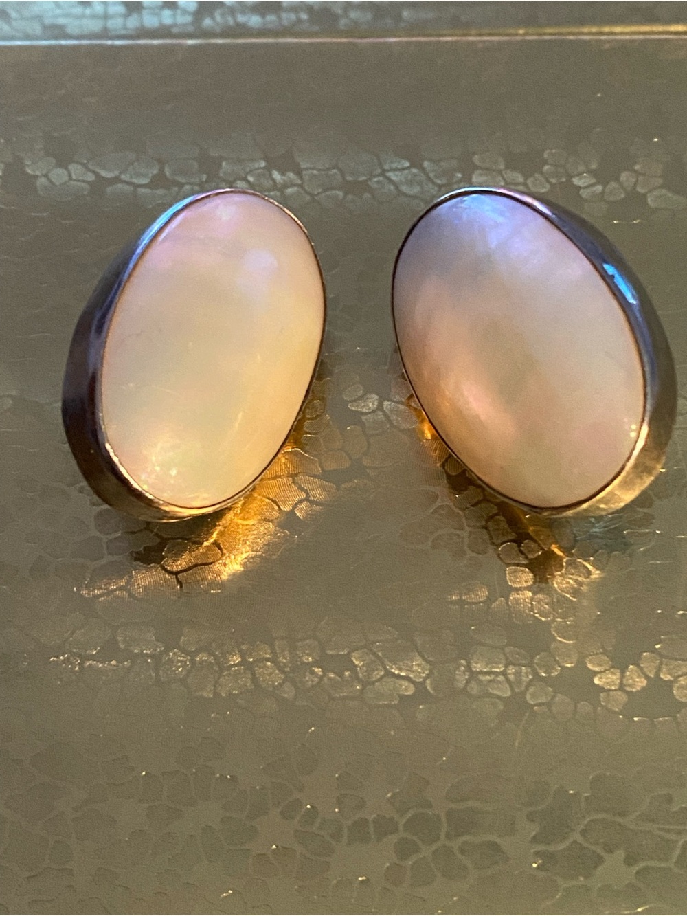 Vintage Mother of Pearl & Sterling Silver Oval Clip-On Earrings, Y2K - Picture 2 of 6